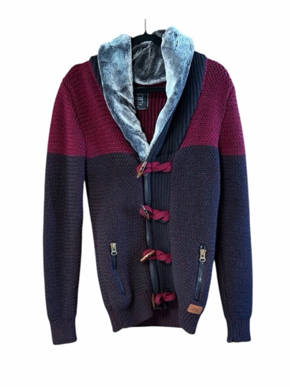 LCR Black Burgundy Men’s Full Zip Shawl Collar Cardigan Sweater